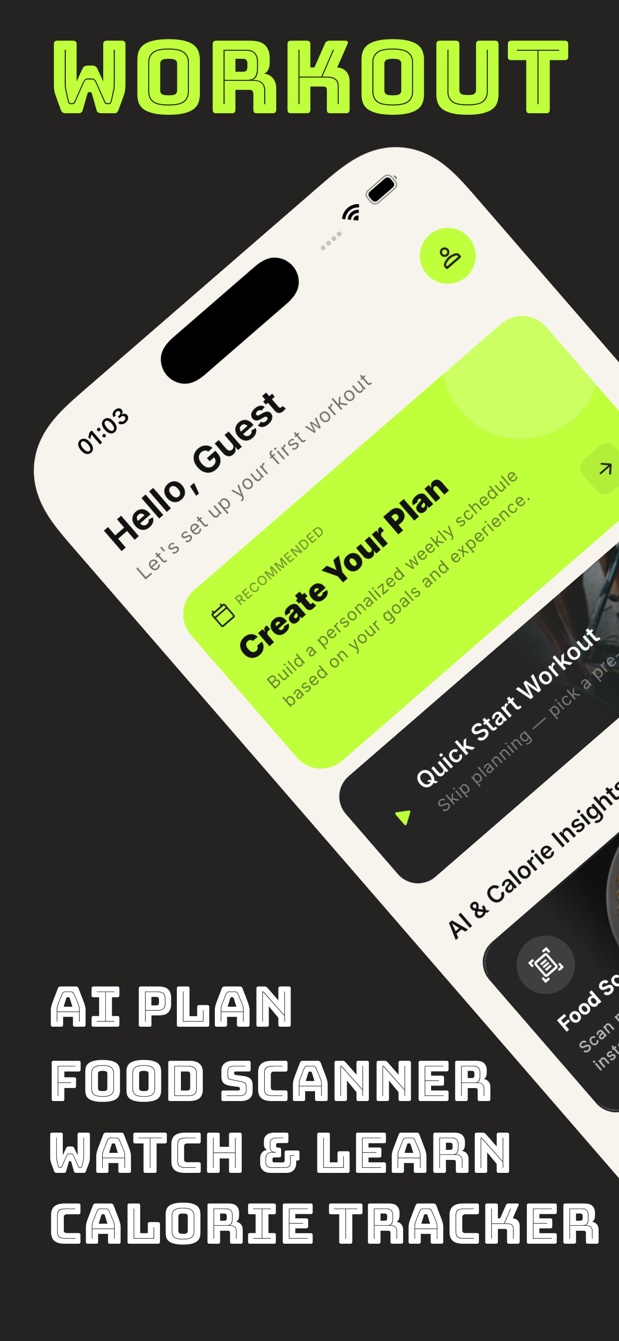 Home dashboard — AI plan, food scanner, calorie tracker